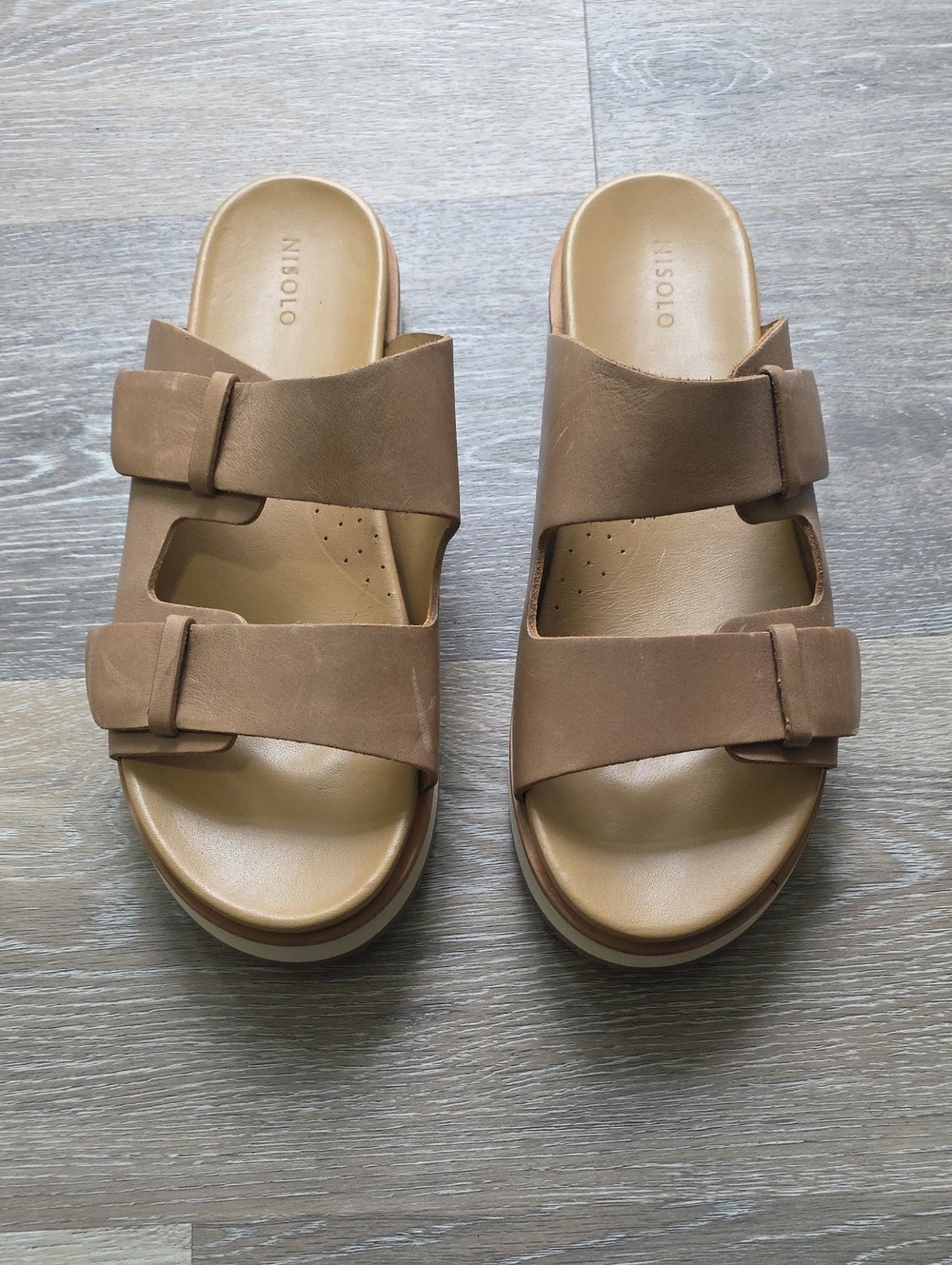 Nisolo Womens Tan Leather Double Strap Flatform Comfort Slide Sandals Size 9